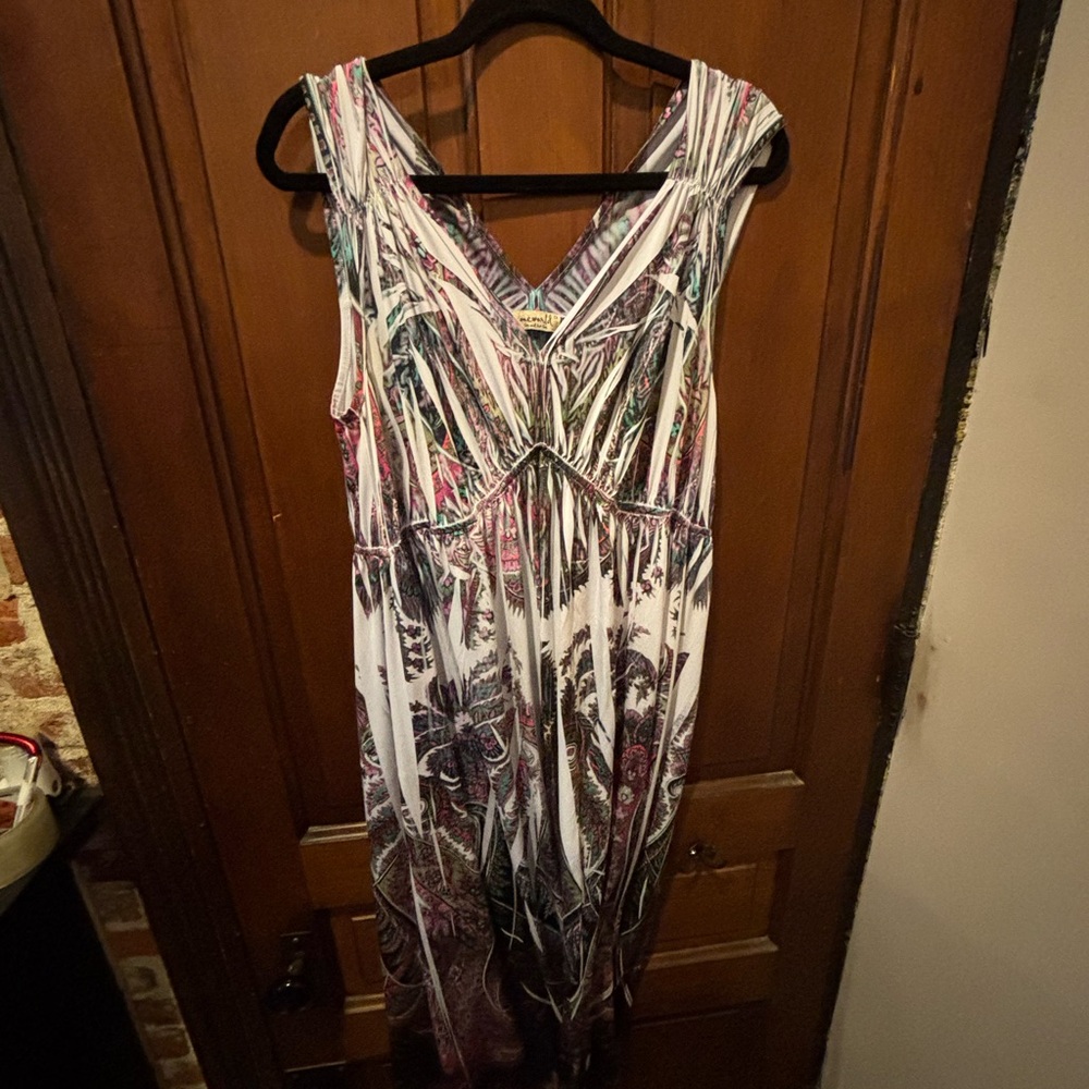 ONE WORLD Teal Pink Purple V-Neck Patterned Dress